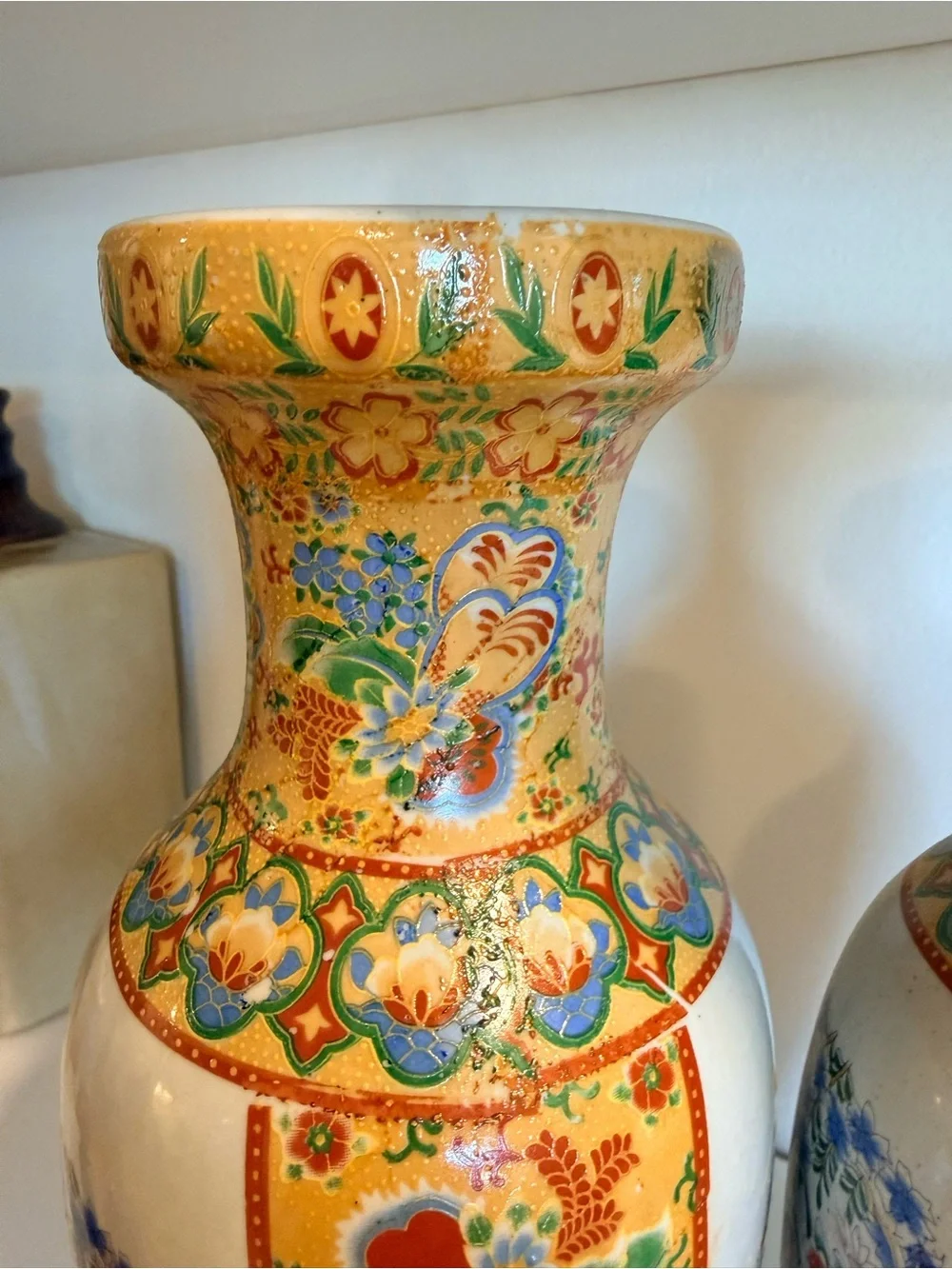 Pair Vintage Japanese Satsuma Style Porcelain Vases Hand Painted Birds Floral